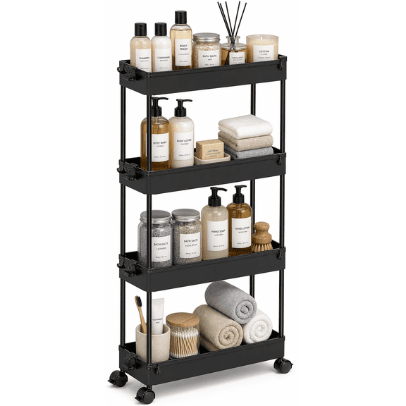 LLMRR 4 Tier Slim Rolling Storage Cart with wheels, Bathroom Storage Organizer, Kitchen Utility Cart, Narrow Shelf & Mobile Shelving Unit for Bathroom, Kitchen, Narrow Places, 4 Tier, Black