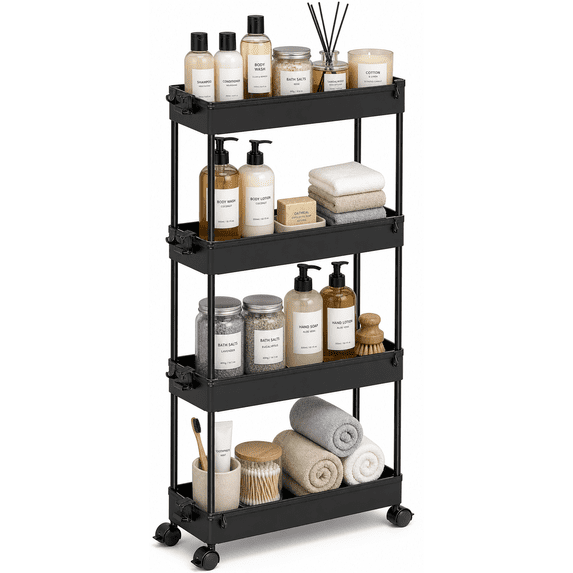 LLMRR 4 Tier Slim Rolling Storage Cart with wheels, Bathroom Storage Organizer, Kitchen Utility Cart, Narrow Shelf & Mobile Shelving Unit for Bathroom, Kitchen, Narrow Places, 4 Tier, Black