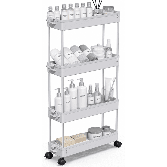 LLMRR 4 Tier Slim Rolling Storage Cart with wheels, Bathroom Storage Organizer, Kitchen Utility Cart, Narrow Shelf & Mobile Shelving Unit for Bathroom, Kitchen, Narrow Places, 4 Tier, Gray