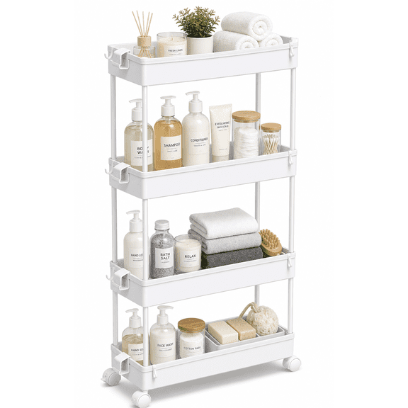 LLMRR 4 Tier Slim Rolling Storage Cart with wheels, Bathroom Storage Organizer, Kitchen Utility Cart, Narrow Shelf & Mobile Shelving Unit for Bathroom, Kitchen, Narrow Places, 4 Tier, White