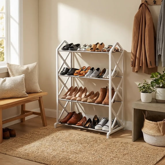 4-Tier Plastic Shoe Rack Organizer for Entryway Bedroom Closet, Easy Assembly No Tools Needed Ventilated Shoe Storage Shelf for Men Women, Compact Stackable Shoe Stand for Home Garage Apartment