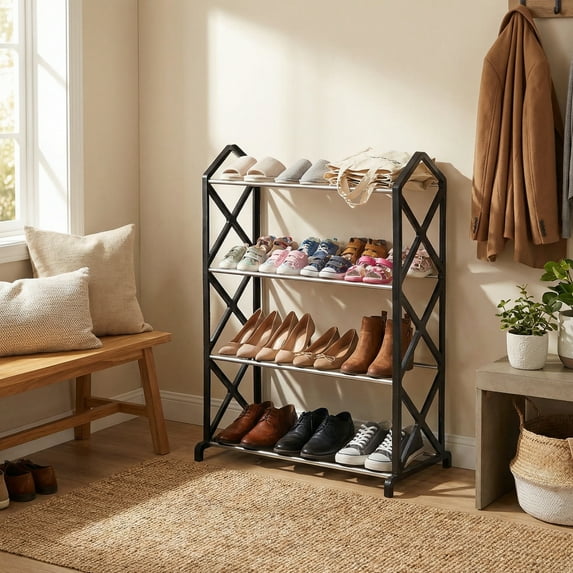 4-Tier Plastic Shoe Rack Organizer for Entryway Bedroom Closet, Easy Assembly No Tools Needed Ventilated Shoe Storage Shelf for Men Women, Compact Stackable Shoe Stand for Home Garage Apartment