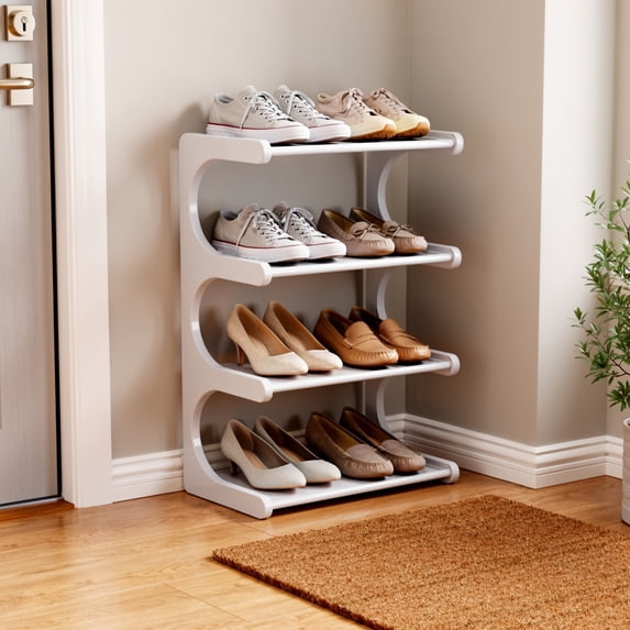 4 Tier Plastic Shoe Rack Organizer, Stackable Entryway Shoe Storage for Bedroom Closet Garage, Ventilated Slatted Design Holds Men Women Kids Shoes and Keeps Floor Tidy
