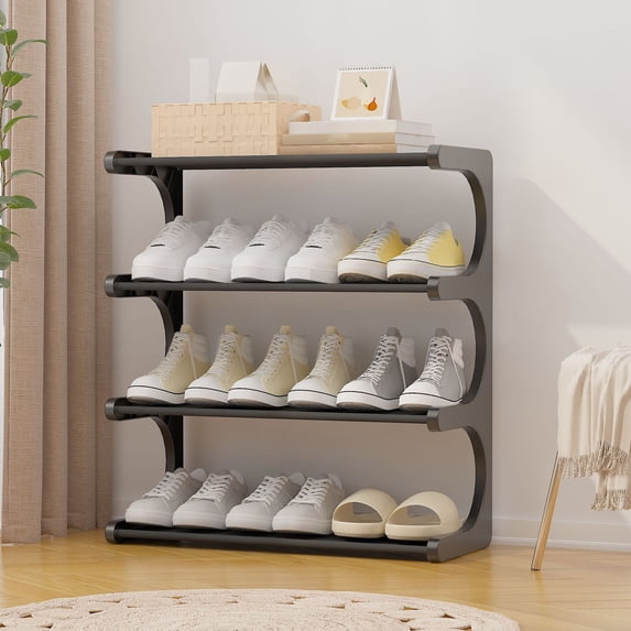 4 Tier Plastic Shoe Rack Organizer, Stackable Entryway Shoe Storage for Bedroom Closet Garage, Ventilated Slatted Design Holds Men Women Kids Shoes and Keeps Floor Tidy