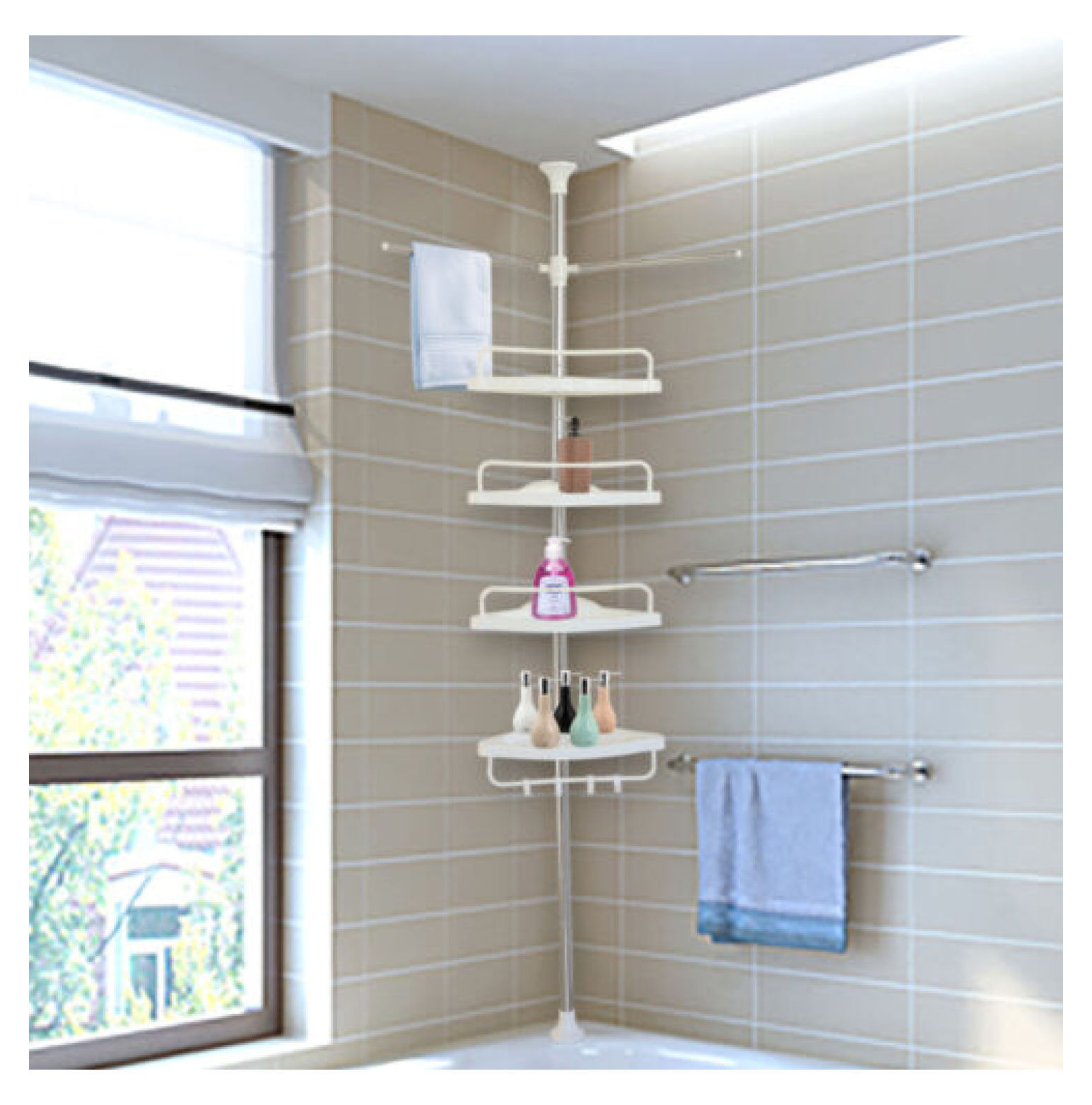 4 Tier Plastic Shower Corner Pole Caddy Bathroom Wall Shelf Storage