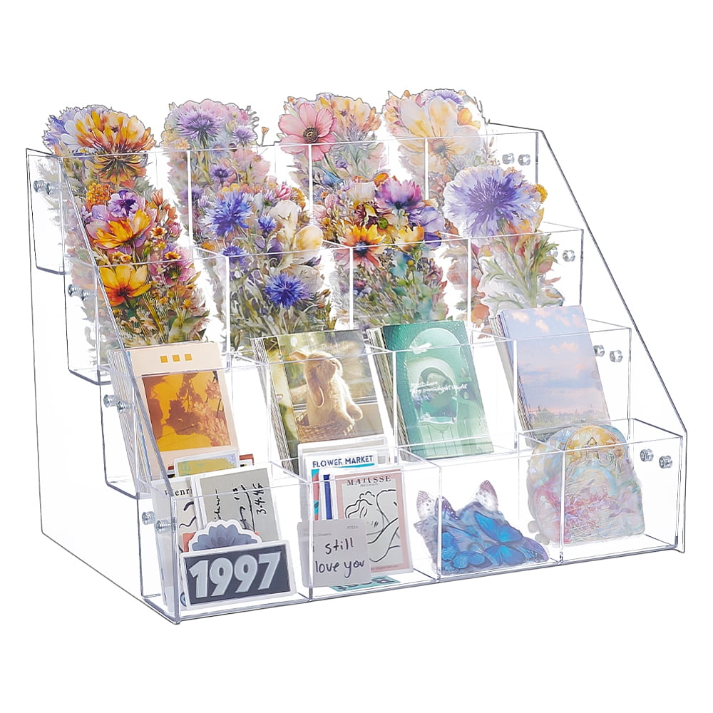 4 Tier Plastic Sticker Display Stand 16 Pockets Sticker Greeting Card Display Holder Sticker Organizer Shelf