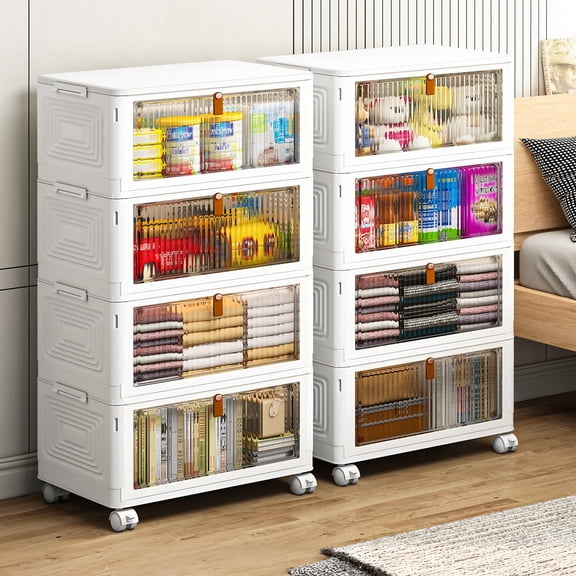 4 Tier Plastic Storage Bins with Lid 23QT, Stackable Storage Containers with Wheels, Folding Storage Boxes, Stackable Storage Bins, Organizers and Storage for Living Room,Office,Dorm