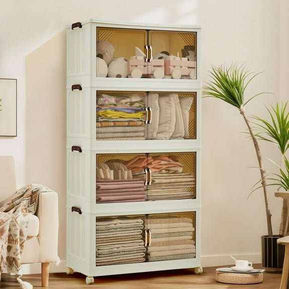 4 Tier Plastic Storage Bins with Lid 81QT, Stackable Storage Containers with Wheels, Folding Storage Boxes, with Magnetic Doors for Home,Office, Dorm Room