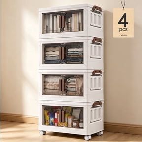 OVINESY 110QT Stackable Storage Bins with Lids, 4-Tier Foldable Plastic Cabinet on Wheels, Clear Magnetic Double Doors, Closet Organizer for Bedroom, Kitchen, Bathroom, Office