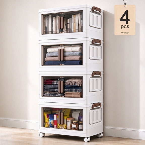 OVINESY 110QT Stackable Storage Bins with Lids, 4-Tier Foldable Plastic Cabinet on Wheels, Clear Magnetic Double Doors, Closet Organizer for Bedroom, Kitchen, Bathroom, Office