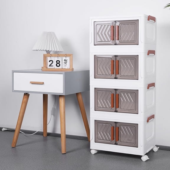 4 Tier Plastic Storage Bins with Lids, Wheels, Doors, Stackable Foldable Storage Containers, Collapsible Cabinet Cube Shelf, Closet Organizers for Living Room Bedroom