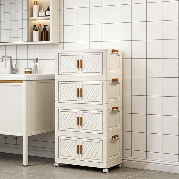 4 Tier Plastic Storage Bins with Lids, Wheels, Doors, Stackable Foldable Storage Containers, Collapsible Cabinet Cube Shelf, Closet Organizers for Living Room Bedroom