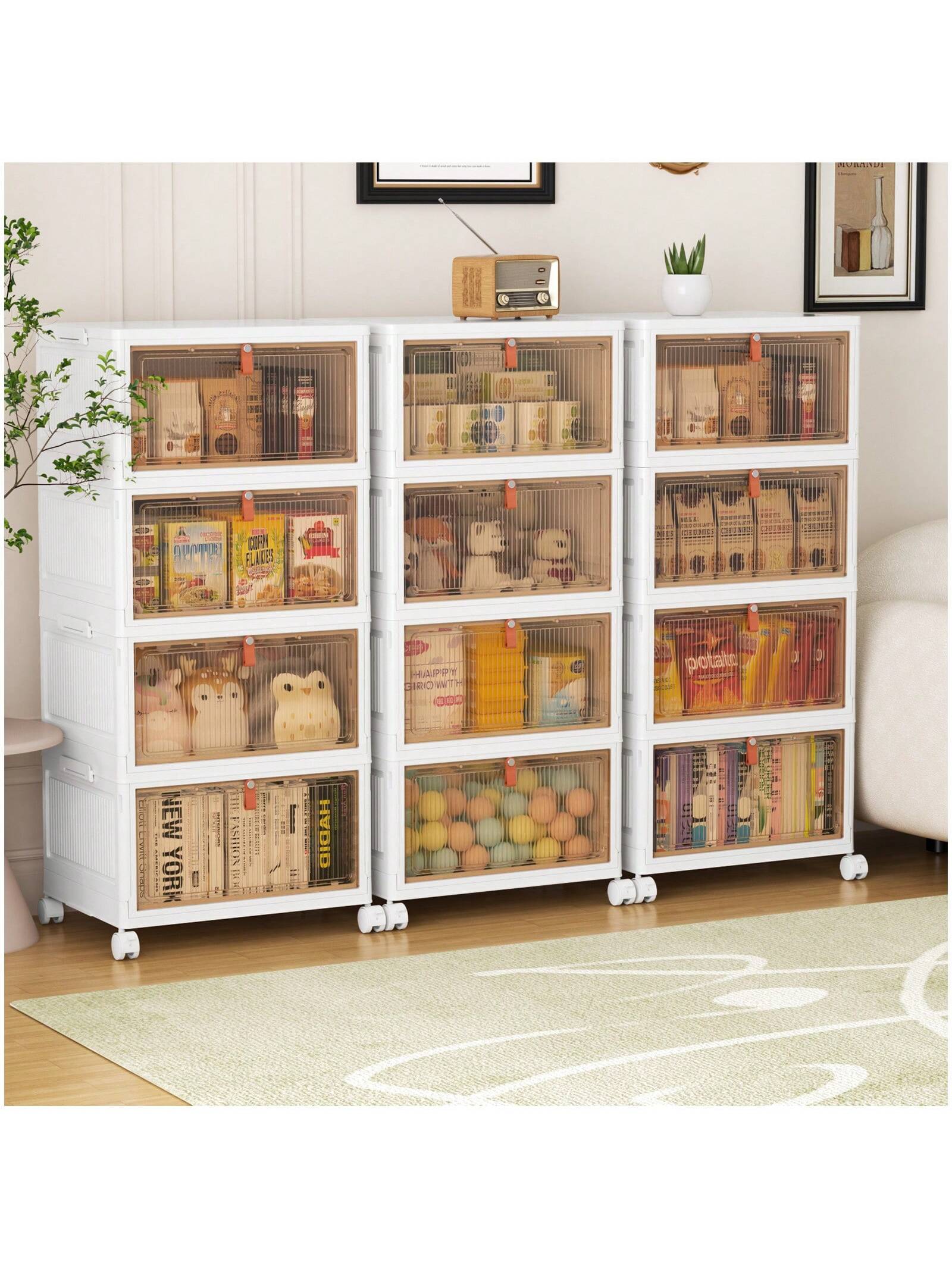 4 Tier Plastic Storage Bins, Stackable Storage Containers With Wheels, Folding Storage Boxes, Collapsible Storage Bins, Closet Organizers And Storage For Living Room,Office,Dorm