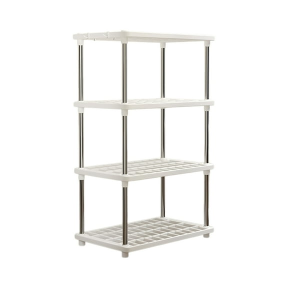 4-Tier Plastic Storage Shelves Unit, White, 31.4 x 16.5 x 8.6 Inches, Connectable Pantry Rack for Kitchen Bathroom Closet