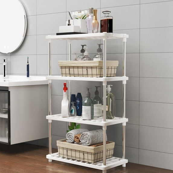 4 Tier Plastic Storage Shelves Unit for Kitchen Pantry Closet or Bathroom Organization, White Finish Connectable Rack 80x42x22cm