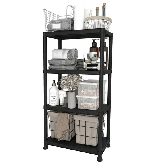 4-Tier Plastic Storage Shelving Unit , Indoor/Outdoor Plastic Shelf Rack, Storage Organization Rack for Pantry, Office, Closet and laundry room, Heavy Duty Storage Rack for Garage, Black