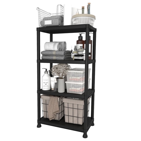 4-Tier Plastic Storage Shelving Unit , Indoor/Outdoor Plastic Shelf Rack, Storage Organization Rack for Pantry, Office, Closet and laundry room, Heavy Duty Storage Rack for Garage, Black