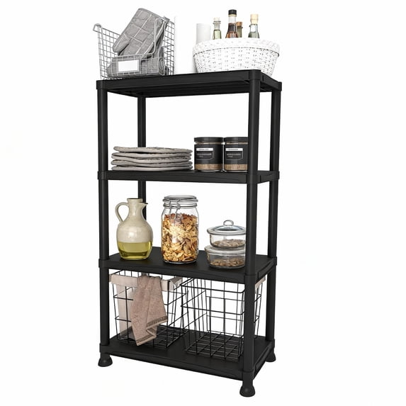 4-Tier Plastic Storage Shelving Unit , Indoor/Outdoor Storage Organization Rack for Pantry, Office, Closet and laundry room, Heavy Duty Storage Rack for Garage, Black