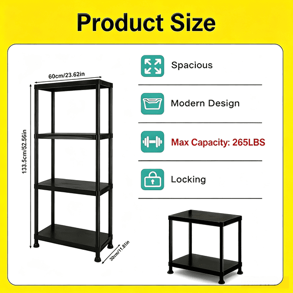 4-Tier Plastic Storage Shelving Unit , Indoor/Outdoor Storage Organization Rack for Pantry, Office, Closet and laundry room, Heavy Duty Storage Rack for Garage, Black
