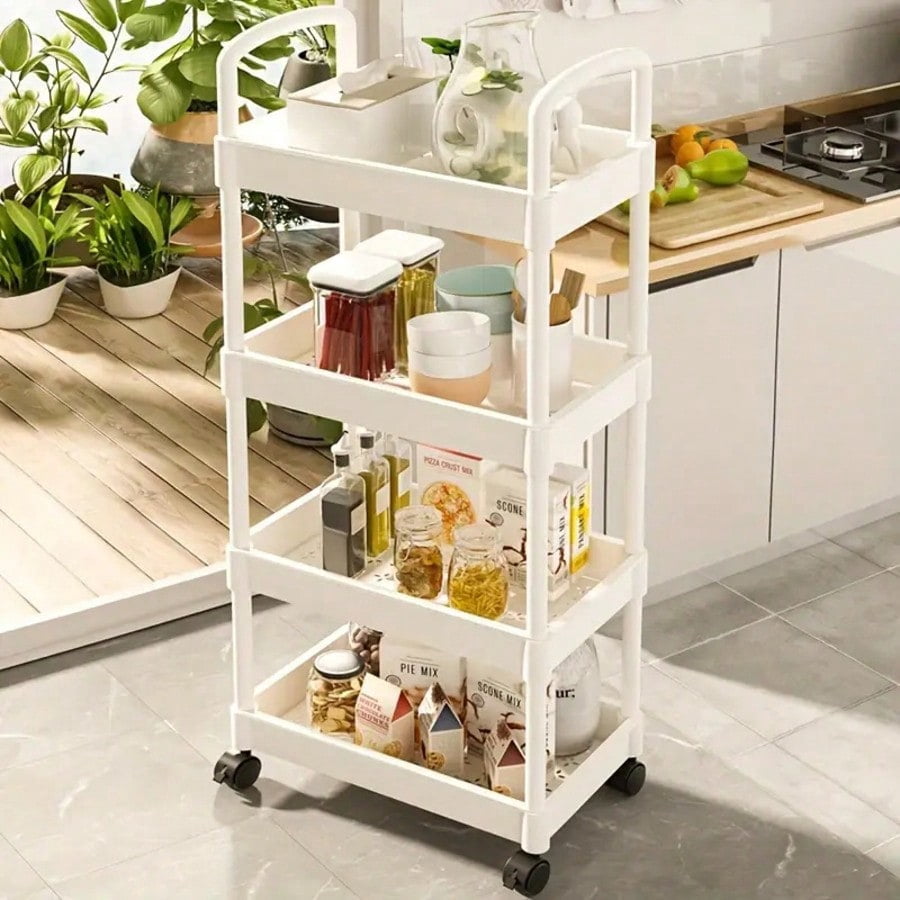 4 Tier Plastics Rolling Cart, With Armrests, Kitchen Storage Organizer ...