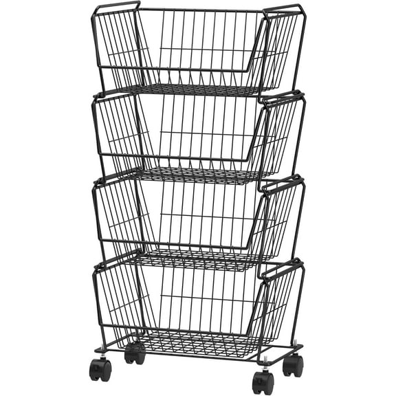 4 Tier Plus Stackable Wire Storage Baskets with Wheels Metal Rolling Utility Cart Organizer Matte Black