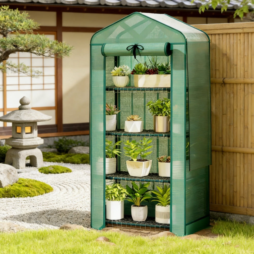 4-Tier Portable Greenhouse with Double-Layer Roof, 140gsm PE Cover, Roll-Up Zippered Door, Powder-Coated Steel Frame, Indoor Outdoor Plant Green House