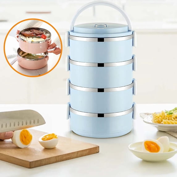 4-Tier Portable Lunch Box - Stackable Lunch Box Container, Stainless Steel Thermal Insulated Food Container, Seal and Heat Preservation - Blue