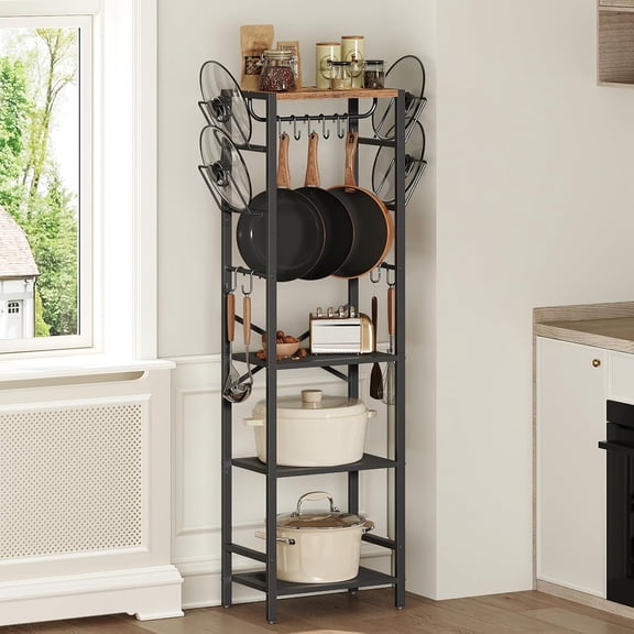 4-Tier Pot Rack, Pots and Pans Organizer for Kitchen Corner, Kitchen Storage Rack with U-Shaped Lid Holders, Freestanding Cookware Stand, Rustic Brown and Black