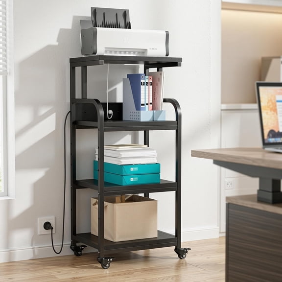 4-Tier Printer Stand with Power Outlet, Tall Printer Table Shelves with 5-Adjustable Heights, Heavy Duty Printer Cart for Home Office Storage, for CPU, Scanner, Shredder, 20.7" Lx15.7 Wx44.5 H