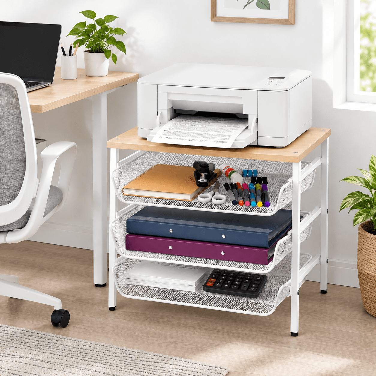 4-Tier Printer Stand with Storage, White Wood Top, Sturdy Office ...