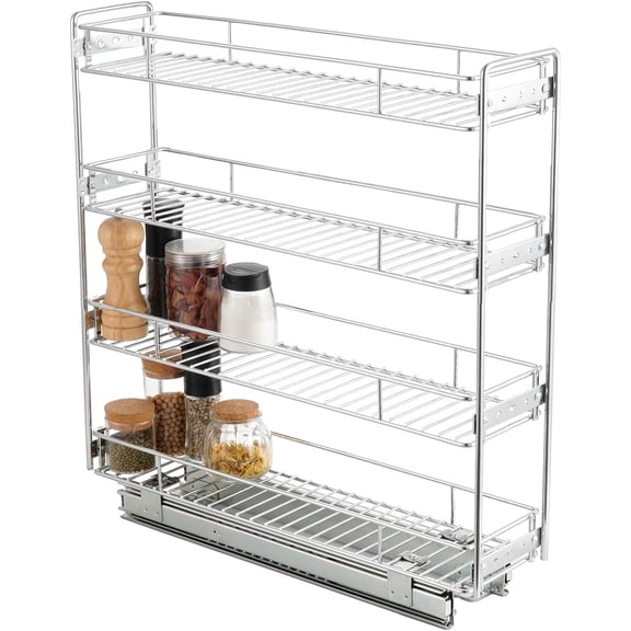 4-Tier Pull Out Kitchen Cabinet Spice Rack Holder Shelves (5" W x 21" D), Slide Out Slim Storage Wire Baskets for Storage Organization, Narrow Pull Out Storage for Narrow Space