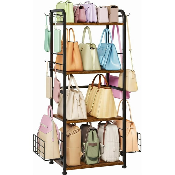 4-Tier Purse Organizer for Closet with 3 Side Hooks and 2 Baskets, High Capacity Purse Rack Stand for Purse Storage, Metal & Wood Handbag Holder for Handbag Organizer, Patent Pending