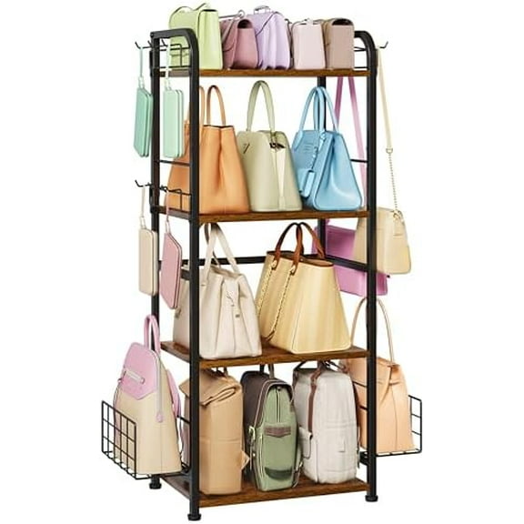 4-Tier Purse Organizer for Closet with 3 Side Hooks and 2 Baskets, High Capacity Purse Rack Stand for Purse Storage, Metal & Wood Handbag Holder for Handbag Organizer, Patent Pending