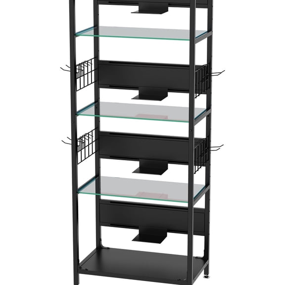 4-Tier RGB Glass Display Shelf, LED Curio Cabinet with Adjustable Storage & Hooks, Metal Standing Shelf for Collectibles, Plants, Books, Perfect for Home & Office