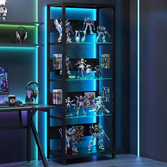 4-Tier RGB Light Glass Shelf with Storage  LED Curio Cabinet for Collectibles, Books, & Decor