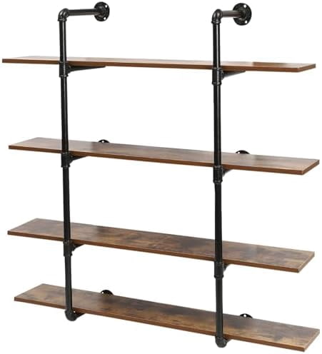 4 Tier Real Wood Wall Mounted Storage Shelves with Metal Frame ... - Floating Industrial Shelves