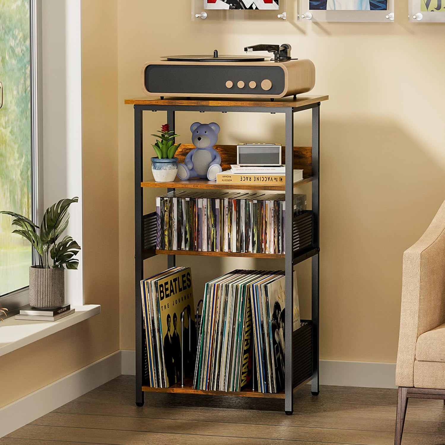 4-Tier Record Player Stand, Record Player Table with Storage Up to 100 ...