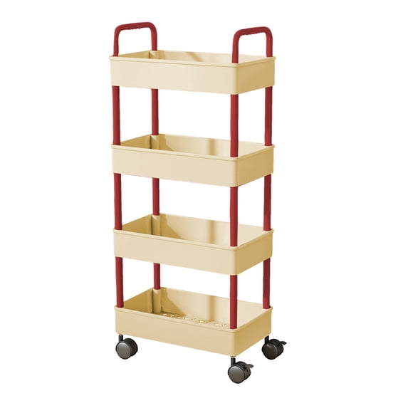 4-Tier Red Kitchen Storage Cart with Armrests & Wheels, Mobile Rolling Organizer for Bathroom Toiletries, Snacks, and Home Storage