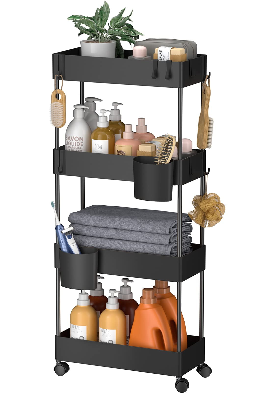 Black 4-Tier Slim Rolling Cart with Removable Shelves for Bathroom ...