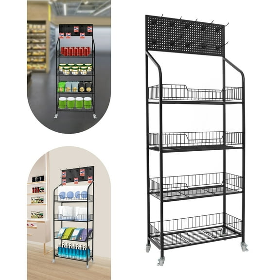 4-Tier Retail Counter Display Rack with Hooks, Wheels, and Elevated Guardrails for Efficient and Practical Product Showcase in Retail Stores
