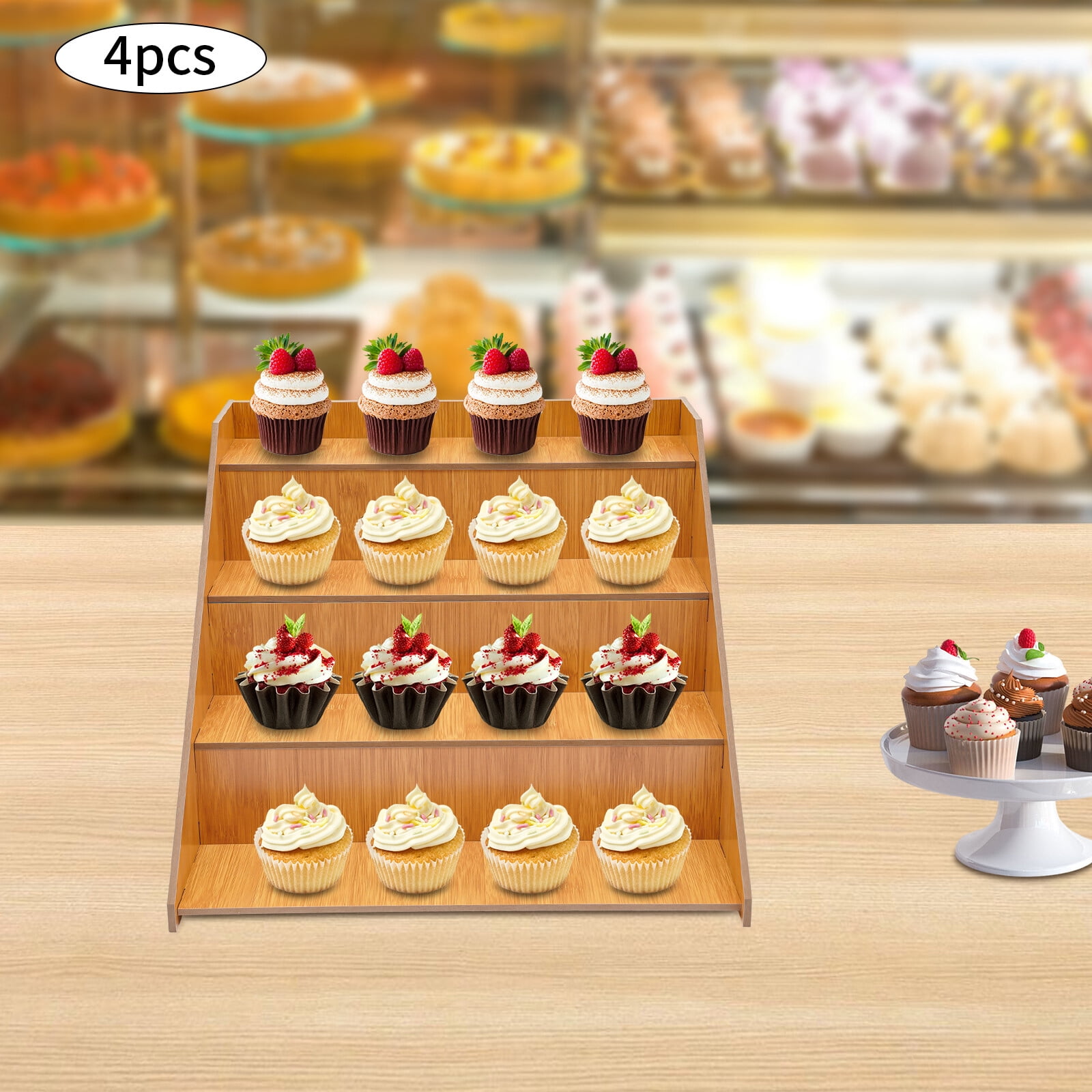 4-Tier Retail Display Rack, Log Color, 4 PCS Tabletop Cake Stand Set ...