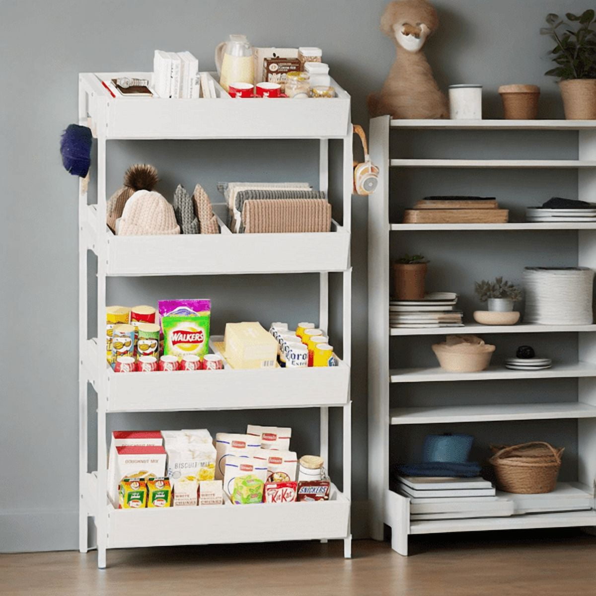 4-Tier Retail Display Rack Stand, Particleboard Shelves with 4 Metal Hooks, Heavy-Duty Metal Frame for Retail, Kitchen & Office