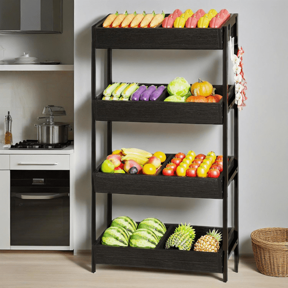 4-Tier Retail Display Rack Stand, Particleboard Shelves with 4 Metal Hooks, Heavy-Duty Metal Frame for Retail, Kitchen & Office
