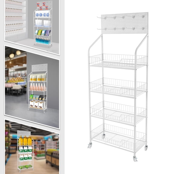 4-Tier Retail Display Stand 23.6x10.6x60.2in White Heavy Duty Shelving Unit with Pegboard Top & 10 Hooks
