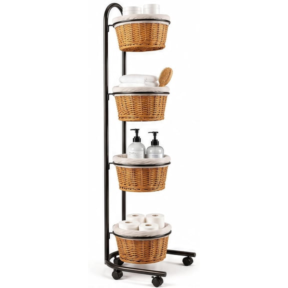 4 Tier Retail Display Stand with Baskets, Floor Display Rack for Store | Multi Tier Display Rack with Storage Baskets, 17 x 15 x 57 in Produce Display Stand for Retail, Market and Home Use
