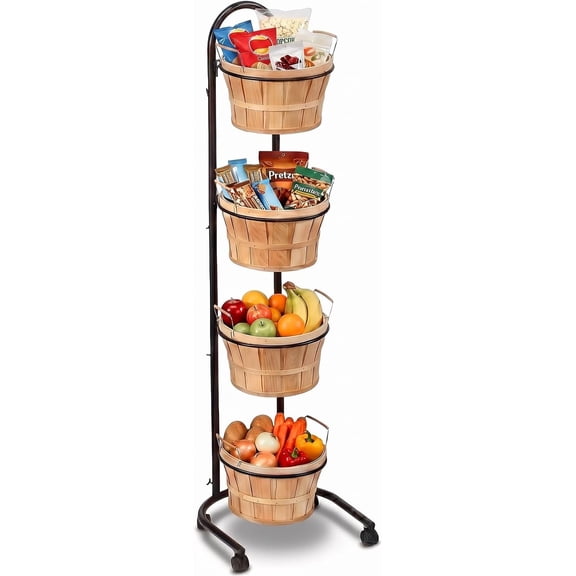 4 Tier Retail Display Stand with Wheels, Round Wooden Baskets with Handles, Handcrafted Style Storage Rack for Farmers Market Display, Bread, Snacks, Fruit Baskets Stand(57.5"h)