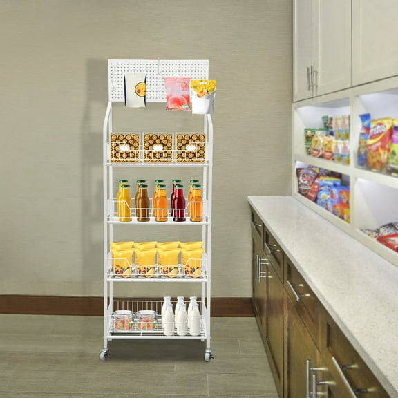 4-Tier Retail Snack Display Rack, Metal Supermarket Candy Display Shelf Cart, with Wheels Snack Fruits Organizer Holder Stand, for Convenience Stores Home Kitchen
