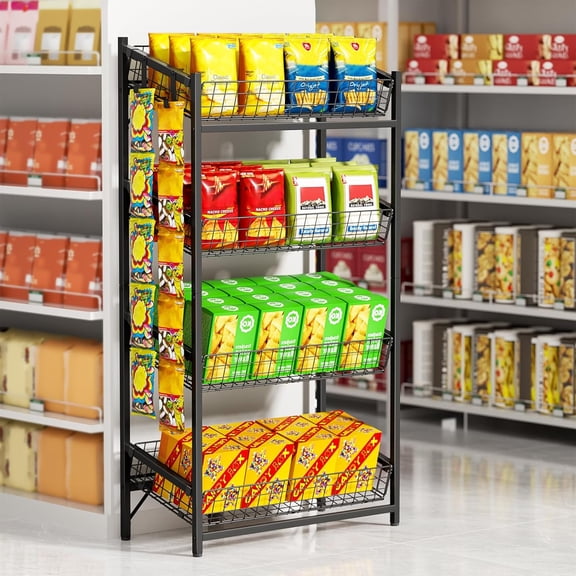 4 Tier Retail Snack Display Stand, Metal Retail Display Rack with 2 Hooks, Potato Storage Rack, Concession Stand Candy Organizer, Easy Assembly Fruit Basket, Snack Organizer for Pantry, Office