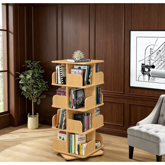 4-Tier Revolving Bookcase Bookshelf, Media Storage Cabinet, Natural