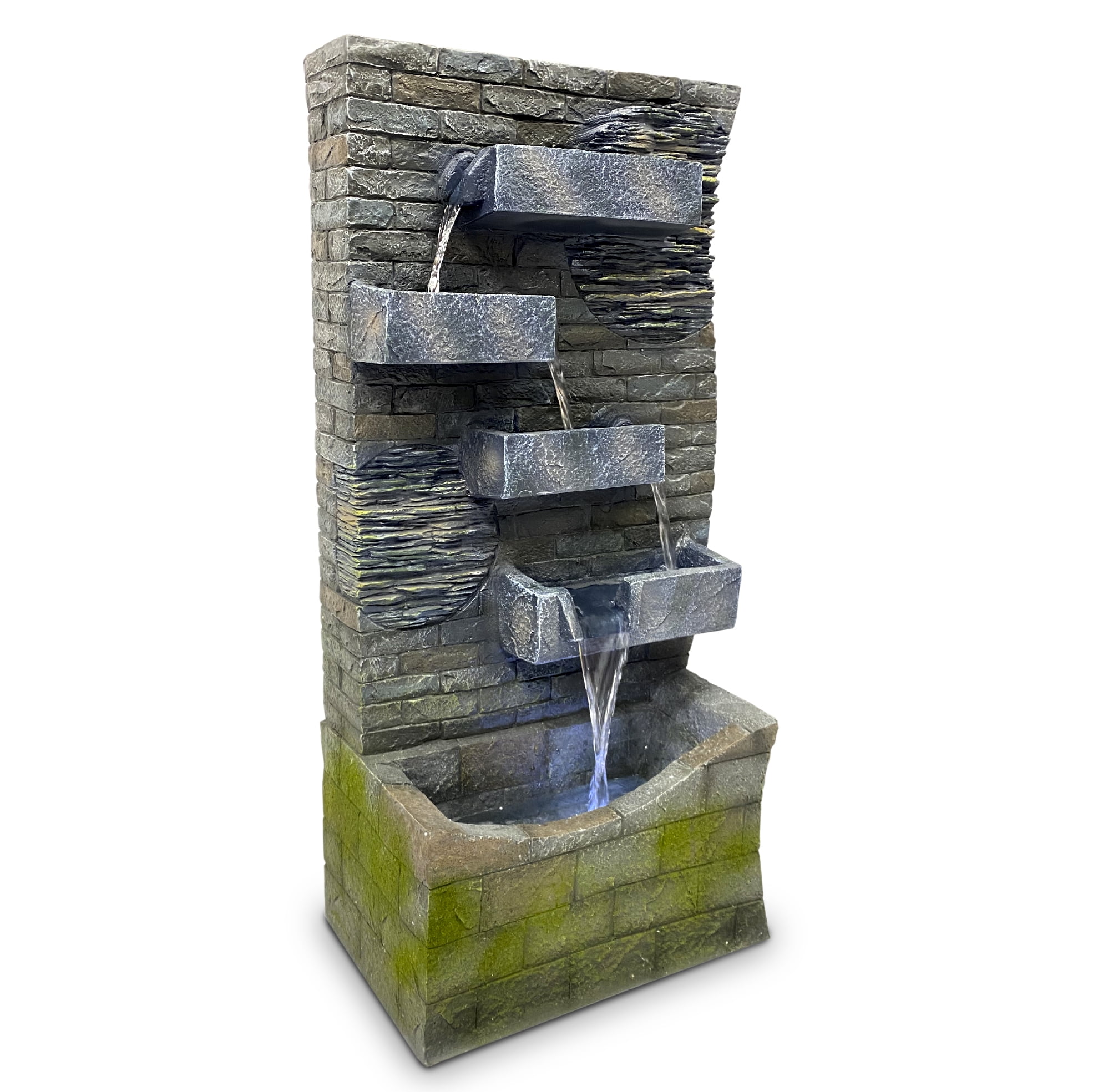 4 Tier Rock Water Fountain with LED Light Made from Fiberglass Resin - Outdoor Or Indoor, Large 40” Tall X 20” Wide, Grey
